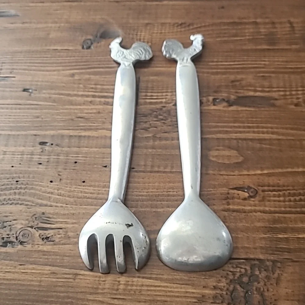 Pewter Silver Rooster Handle Salad Servers